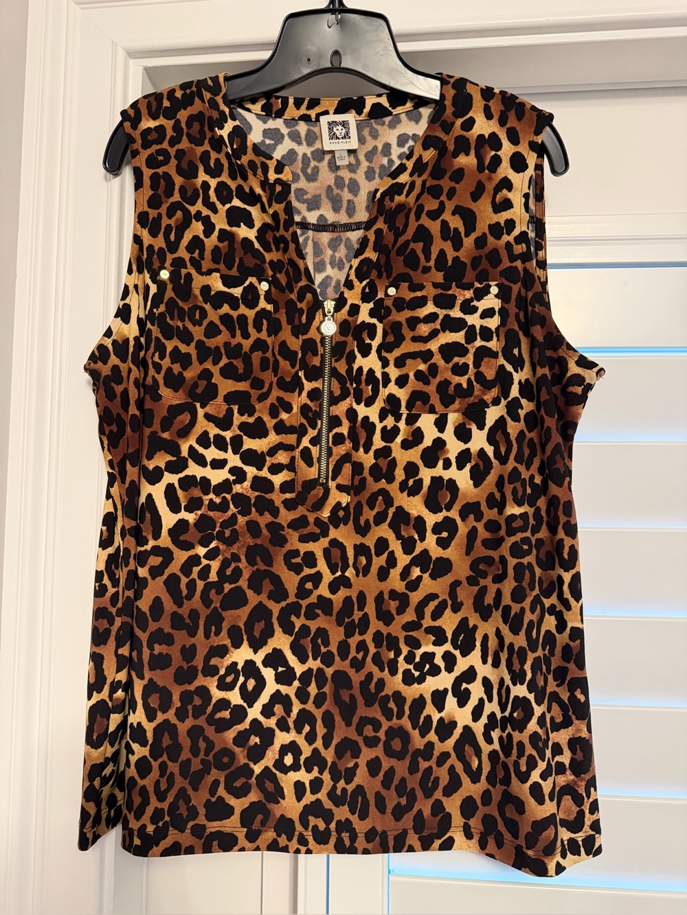 Woman’s Anne Klein Sleeveless Leopard Print Zip-Front Top - Brown - Size L
